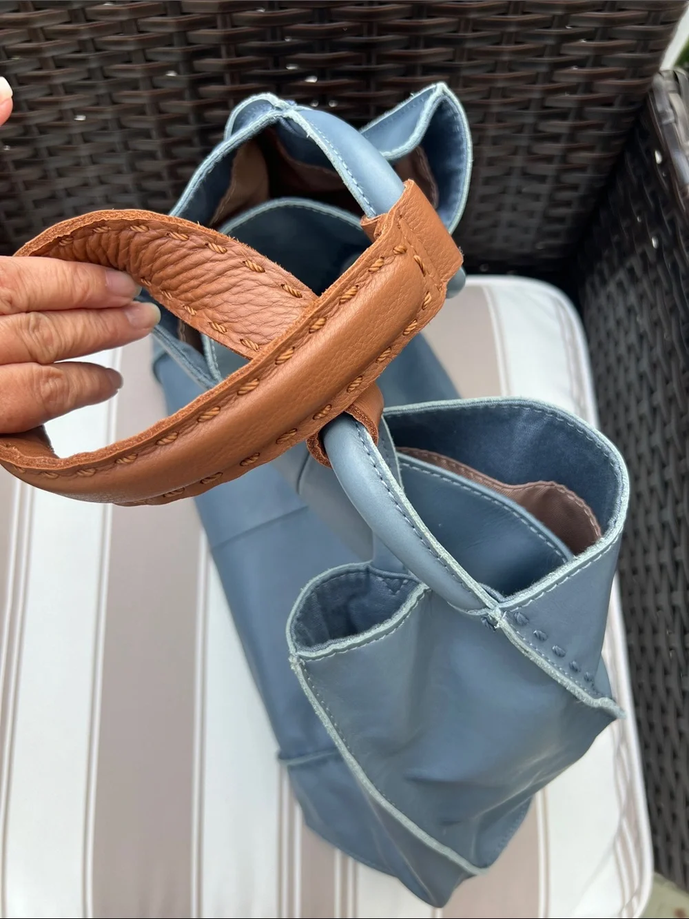 The Sak Two-Tone Blue Leather Tote with Tan Strap